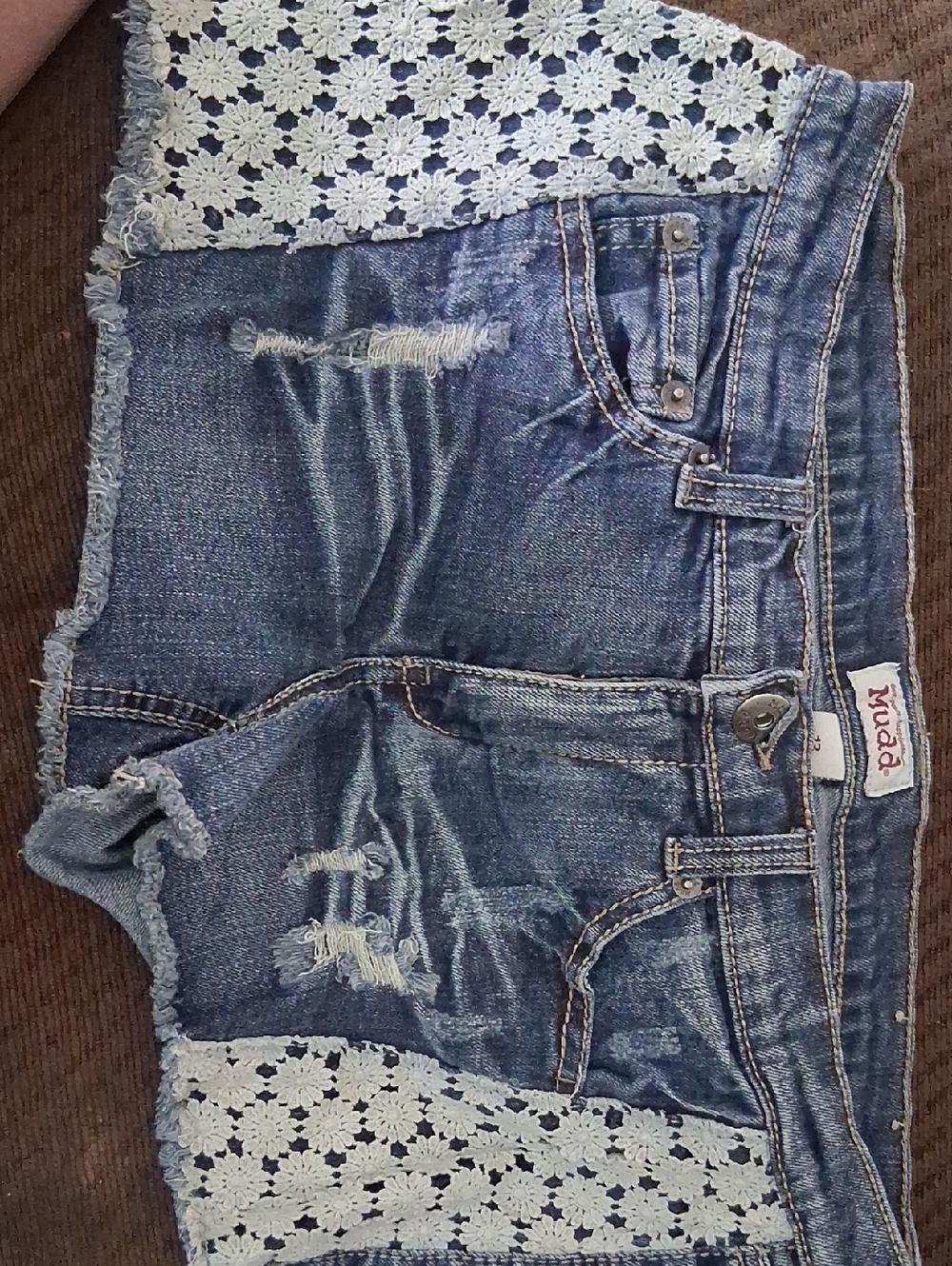Mudd Blue Distressed Denim Shorts with Crochet Side Panels